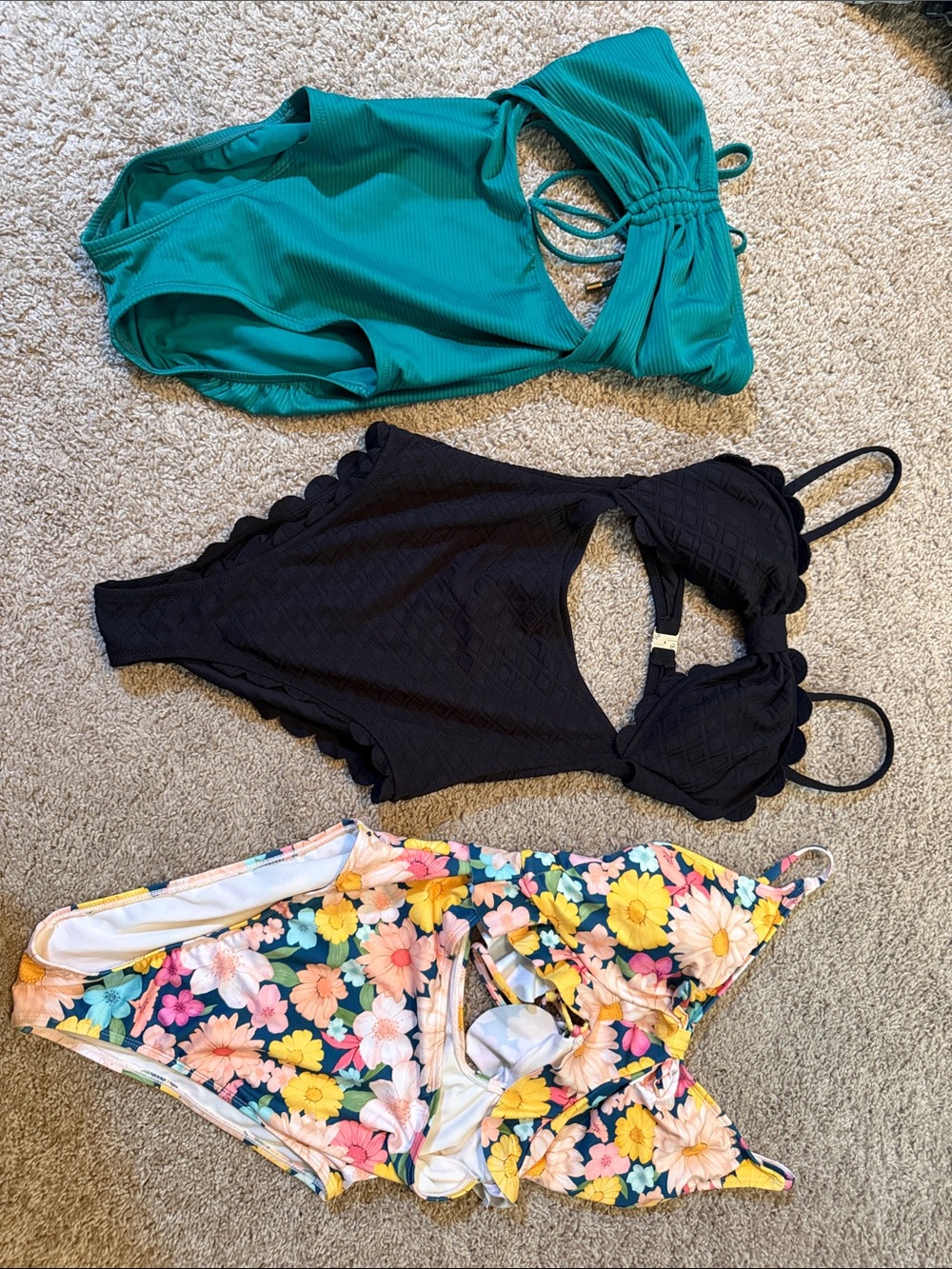 Women's One-Piece Swimsuit Trio - Greenish Teal, Black, & Floral